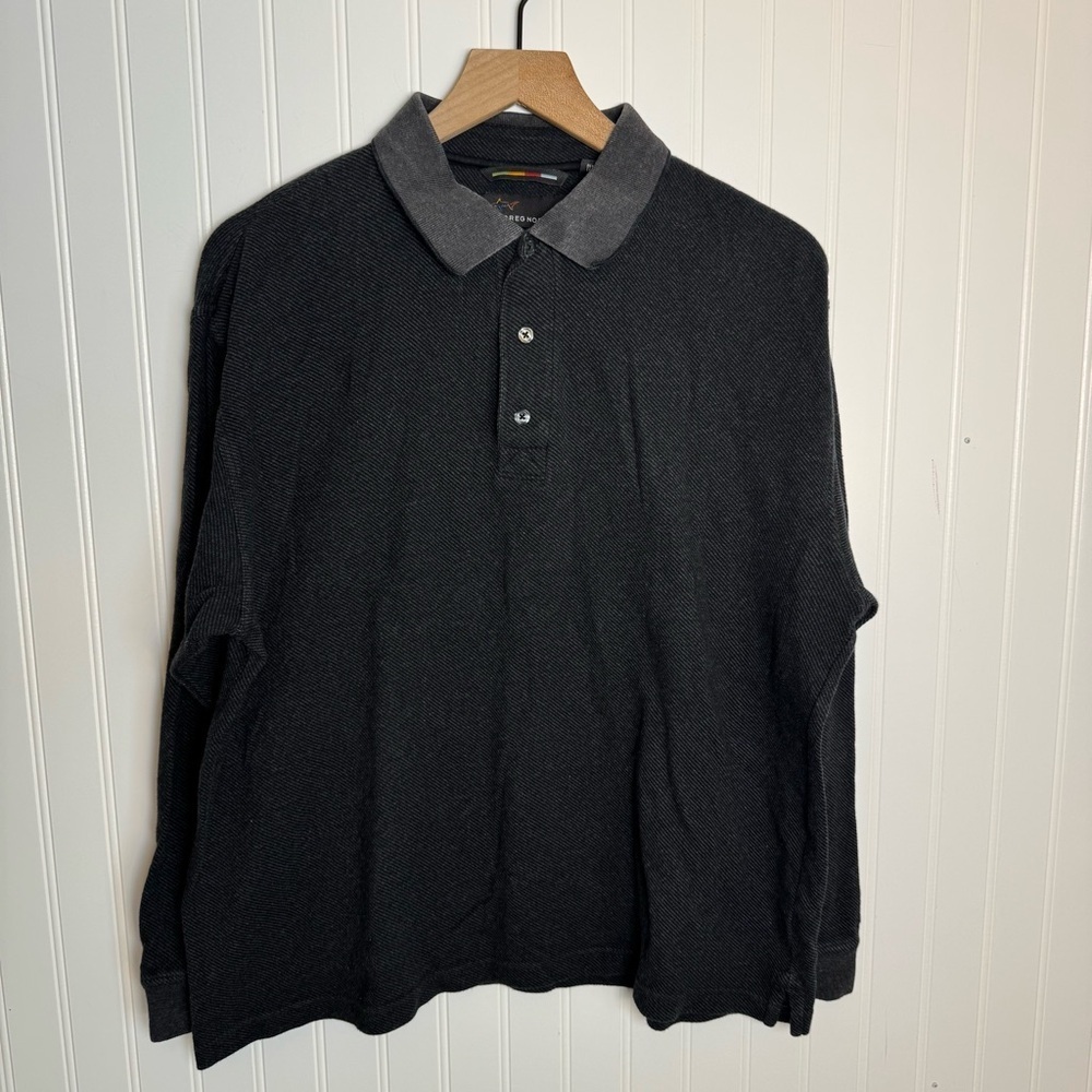 Greg Norman Men's Charcoal Gray Black Striped Polo 1/4 Button Long Sleeve Medium